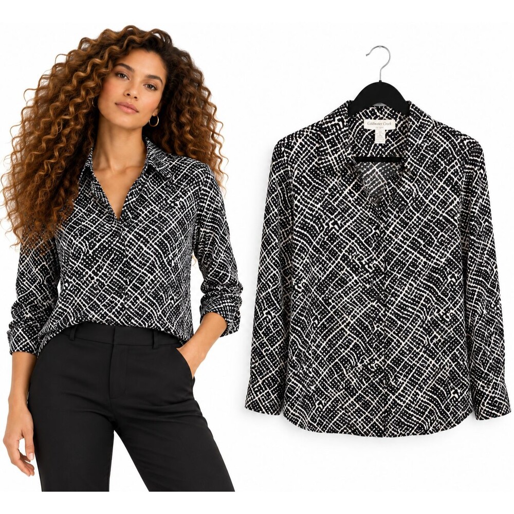 Coldwater Creek No Iron Top Shirt Size Medium Black White Print Long Sleeve